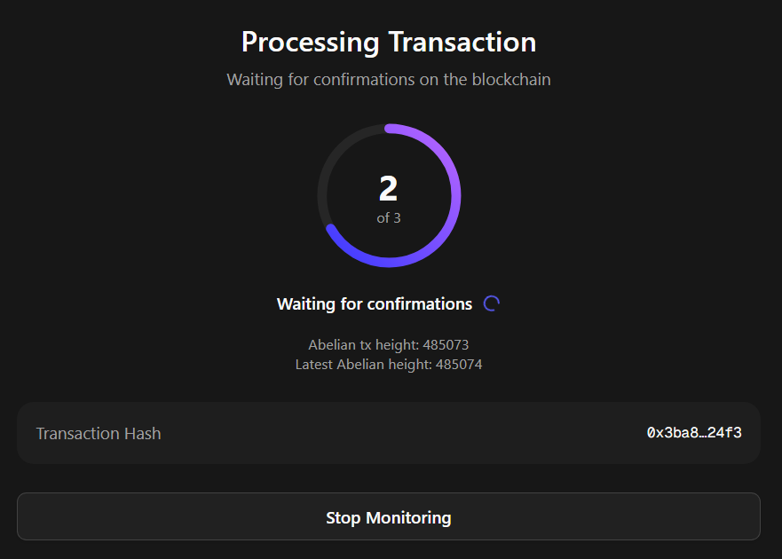 Waiting for 3 Abelian block confirmations