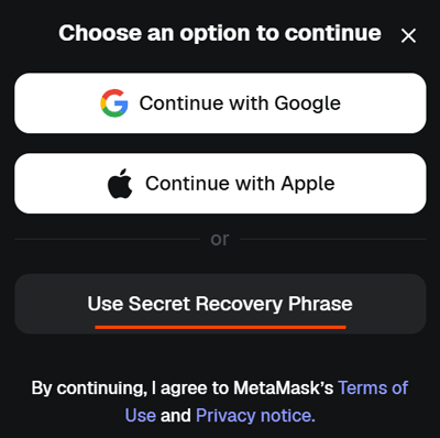 Choose to Use Secret Recovery Phrase