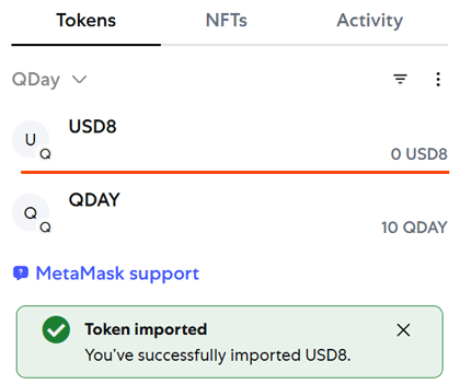 MetaMask Display USD8 Token