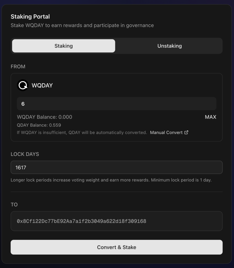 Staking interface with amount and lock period input